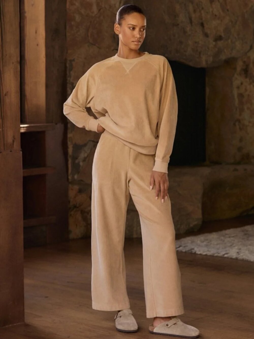 Pact Pure Organic Cotton Velour Wide Leg Pant in Large 29” inseam, in Sesame
